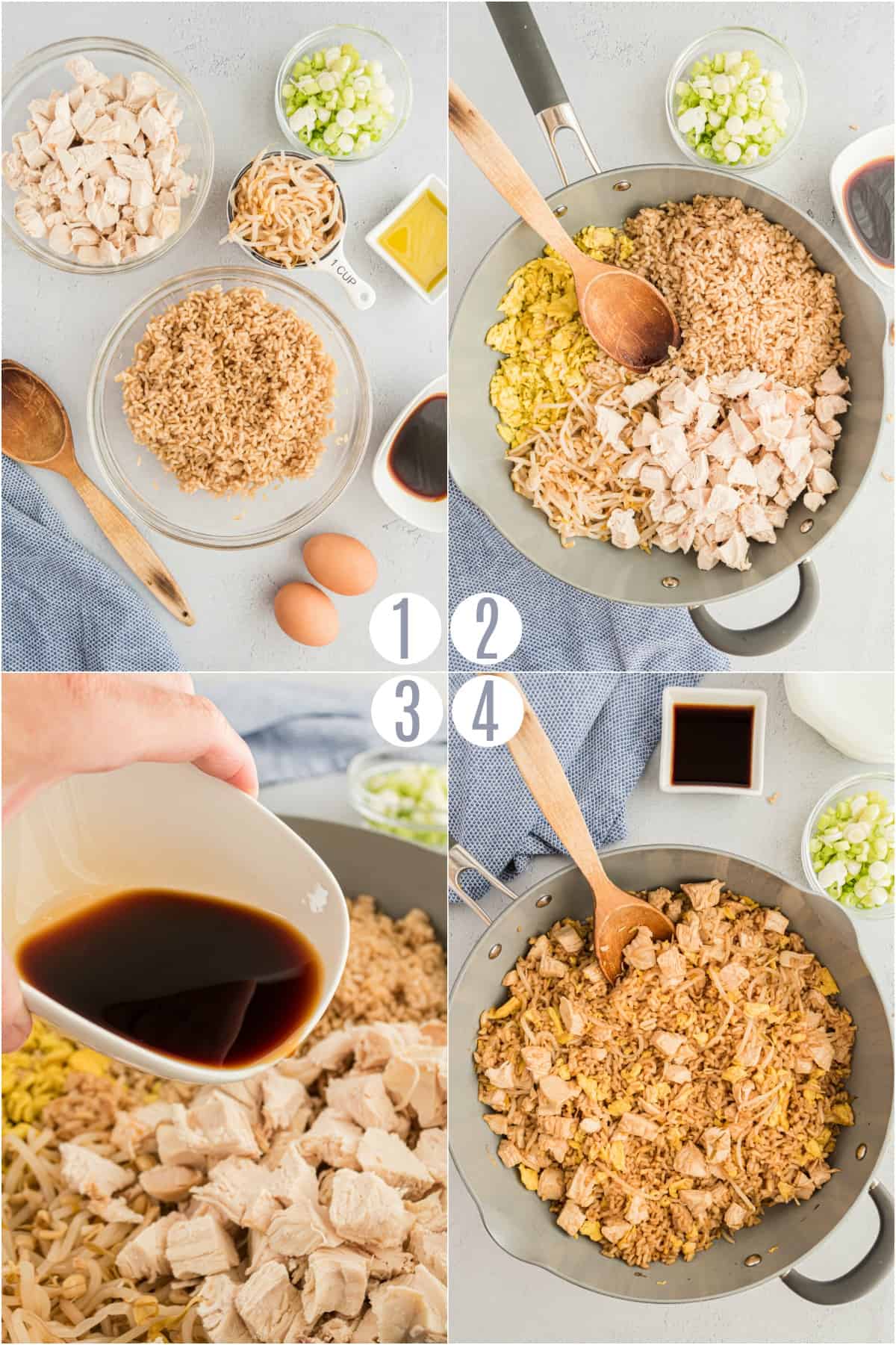 Step by step photos showing how to make chicken fried rice in a skillet.