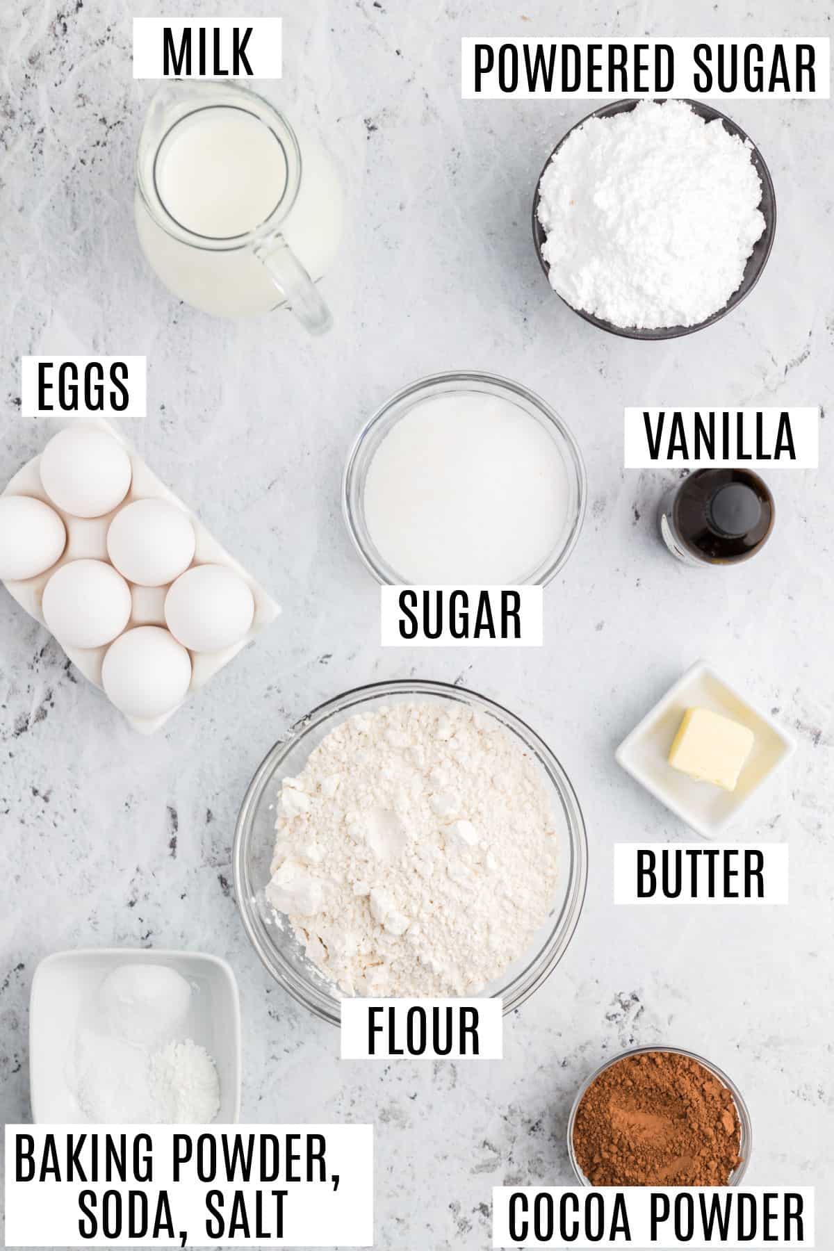 Ingredients needed to make chocolate powdered sugar donut holes.