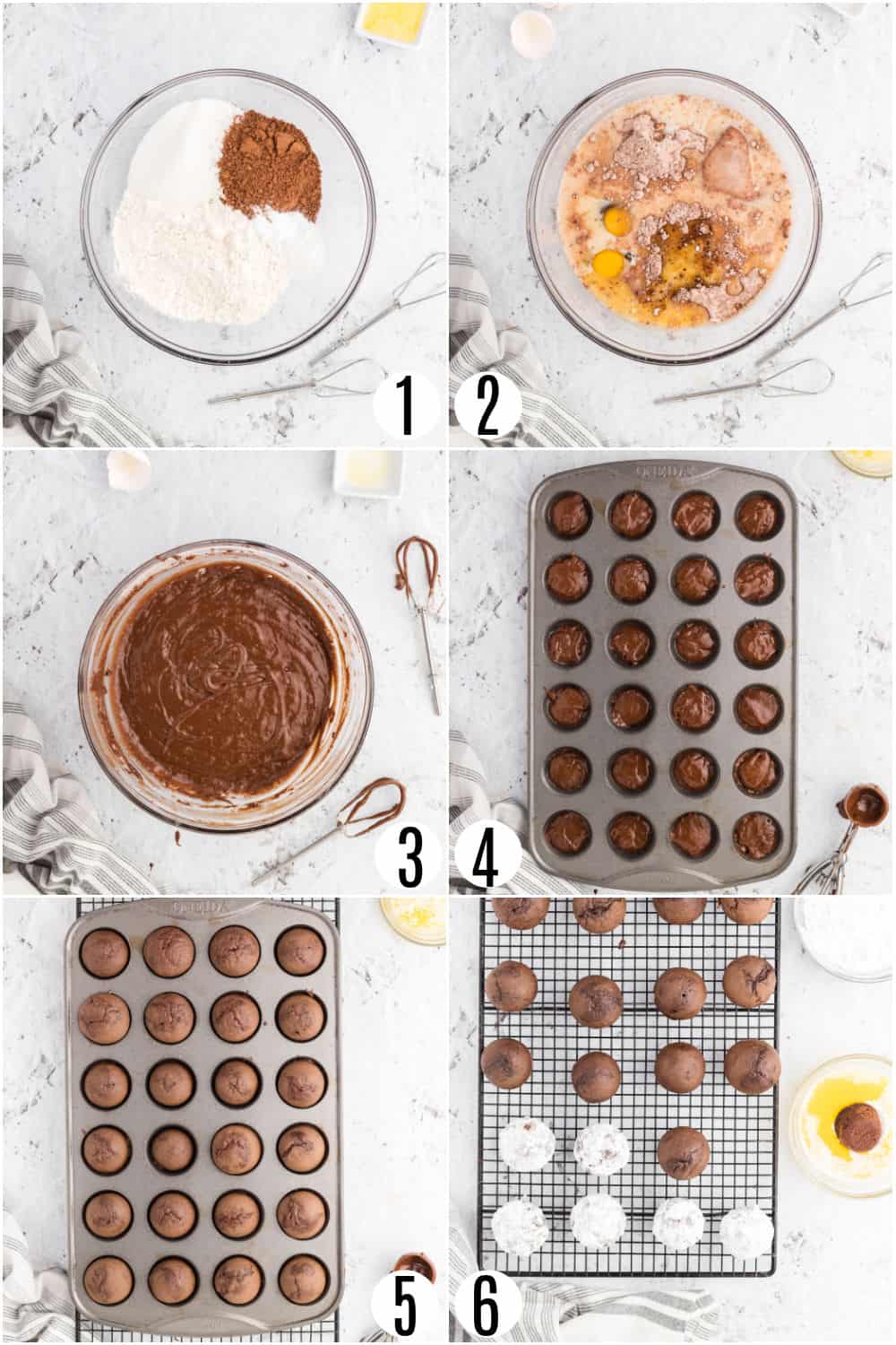 Step by step photos showing how to make chocolate donut holes.