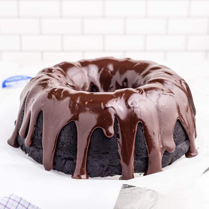 Chocolate bundt cake with chocolate ganache.
