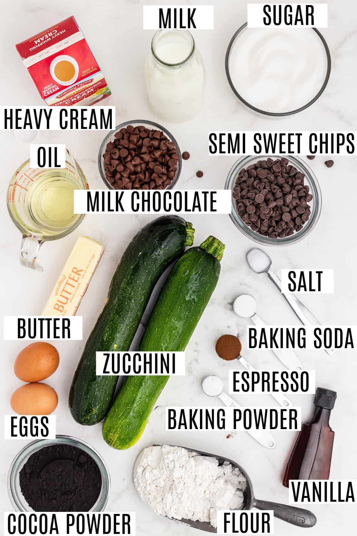 Ingredients needed for dark chocolate zucchini bundt cake recipe.