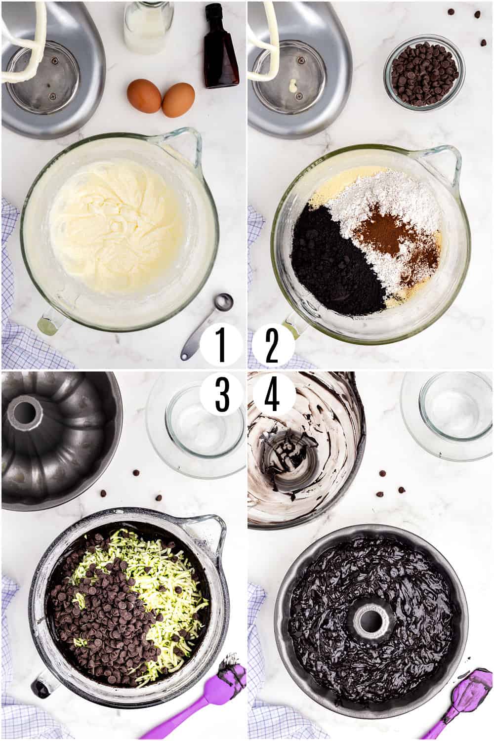 Step by step photos showing how to make chocolate cake witth zucchini.