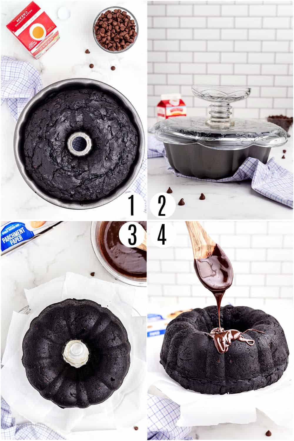 Step by step photos showing how to garnish a chocolate bundt cake with ganache.