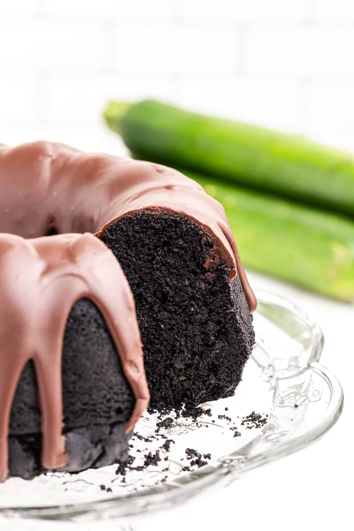 Chocolate bundt cake with zuchini and chocolate ganache.