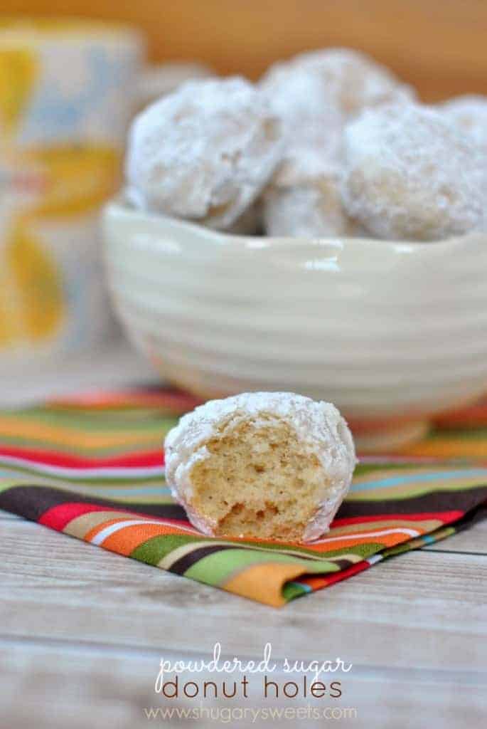 Powdered Sugar Donut Holes: baked, not fried, and super delicious. Easy enough for weekday breakfast!