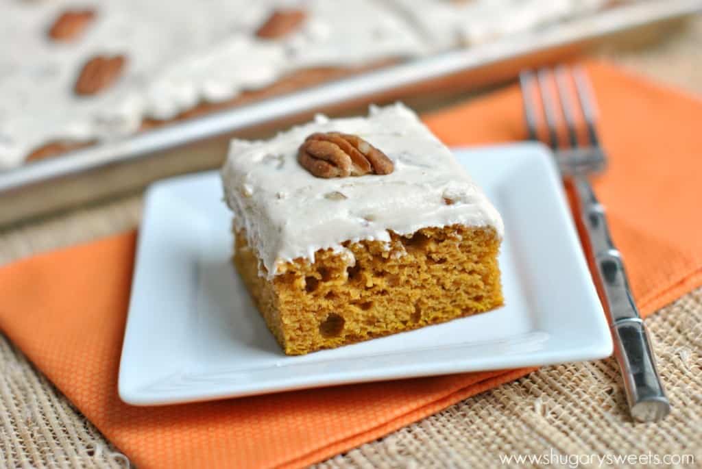 Delicious, moist Pumpkin Bars topped with a sweet Butter Pecan frosting! The only pumpkin dessert recipe you need! #thinkfisher