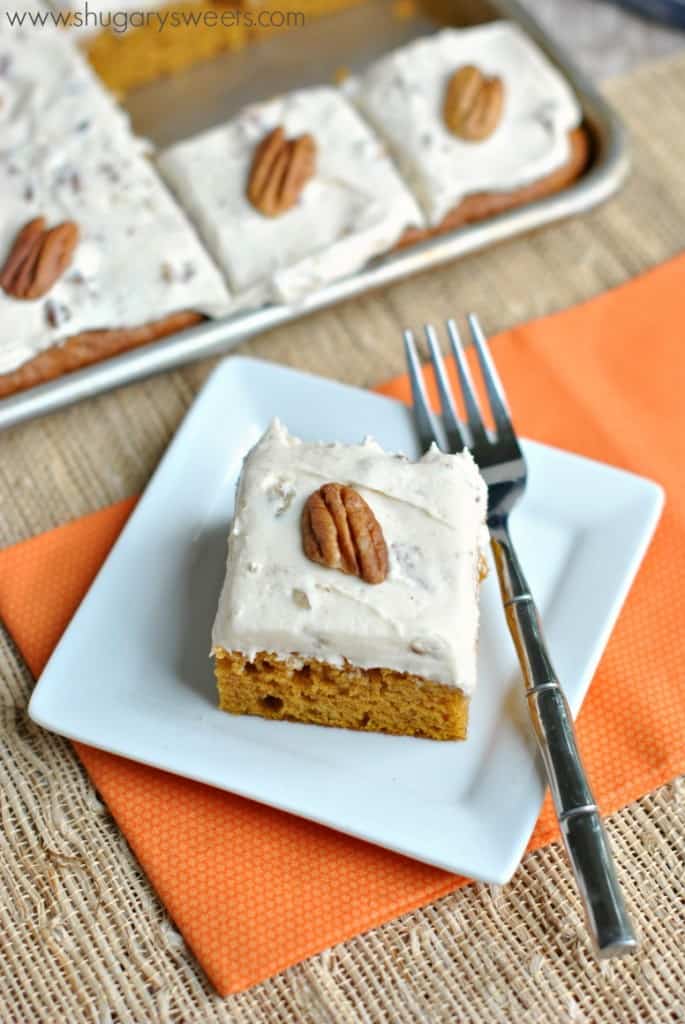 Delicious, moist Pumpkin Bars topped with a sweet Butter Pecan frosting! The only pumpkin dessert recipe you need! #thinkfisher