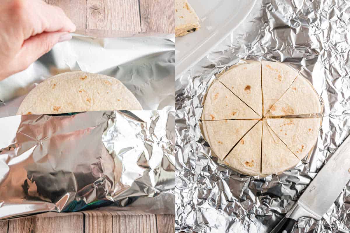Step by step photos showing how to assemble taco tortilla stacks.