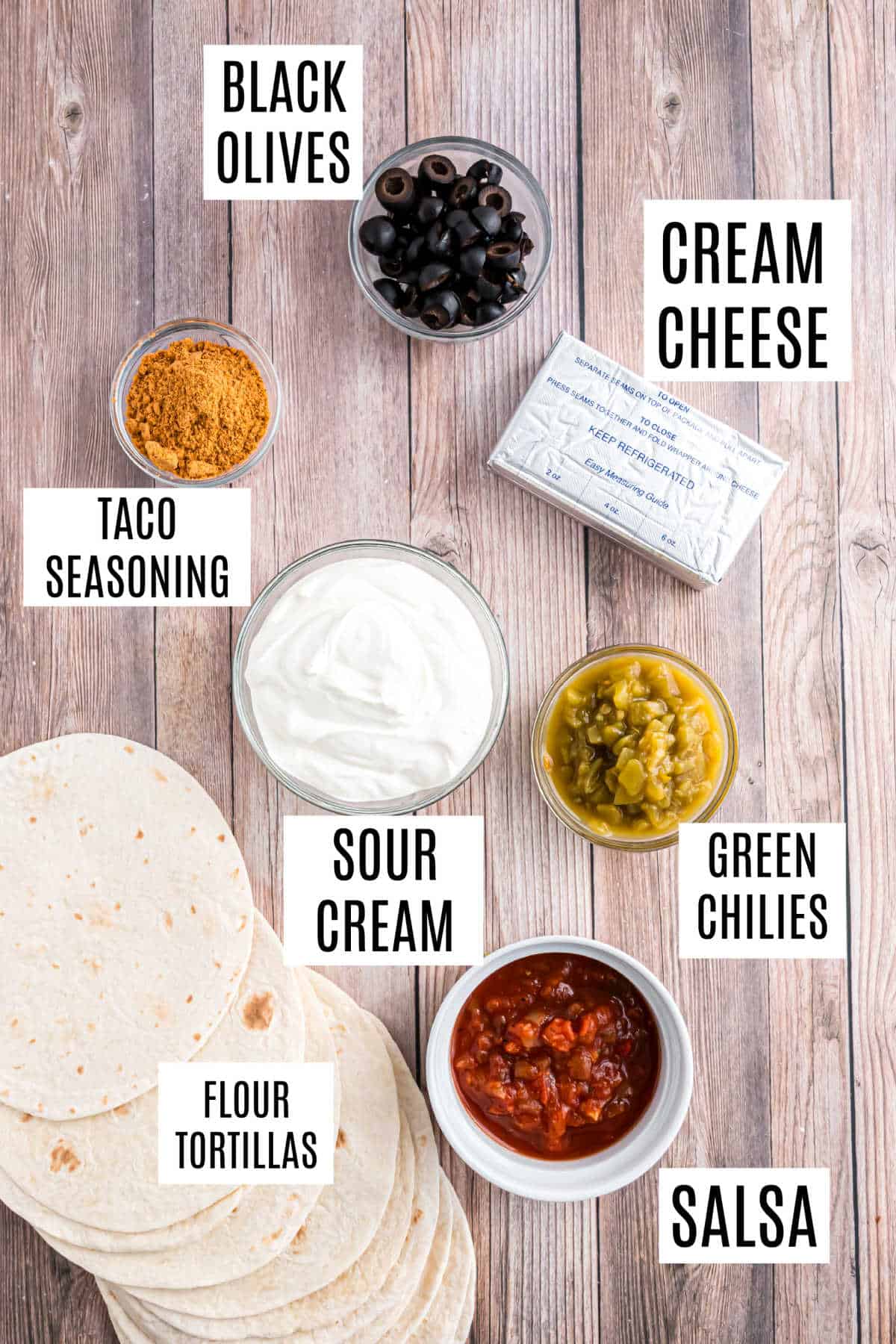 Ingredients needed to make taco tortilla snacks.