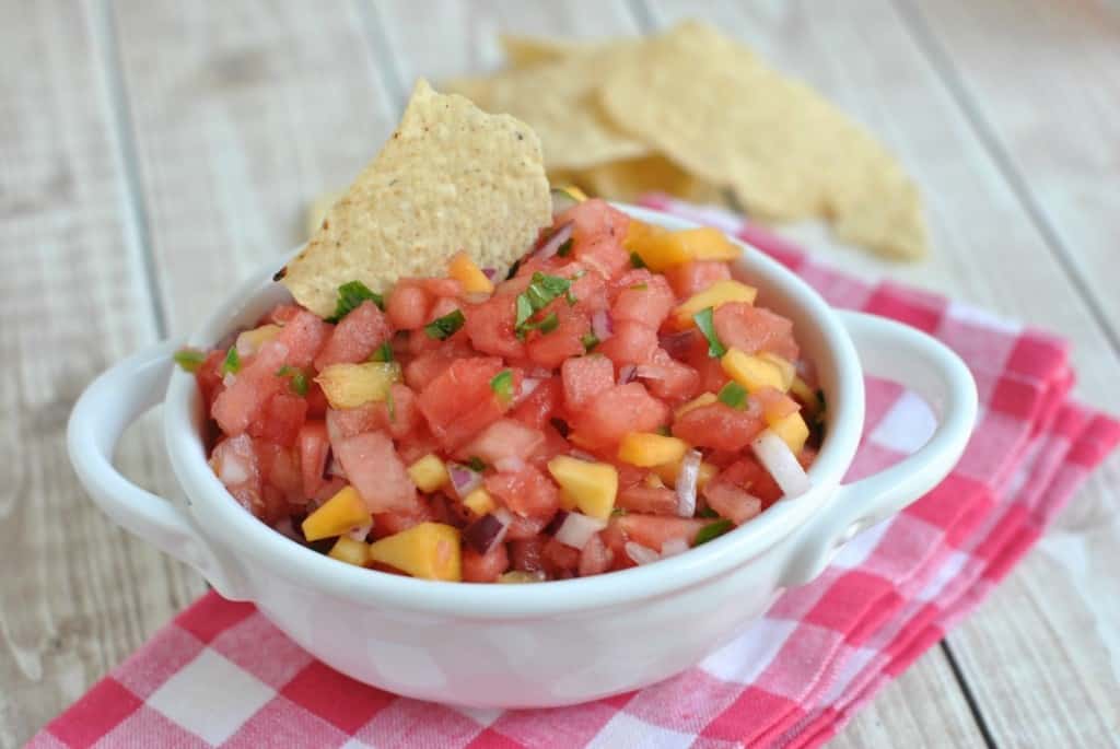 Watermelon Peach Salsa: enjoy the fresh sweet fruit in this salsa with a kick! A winning combo!