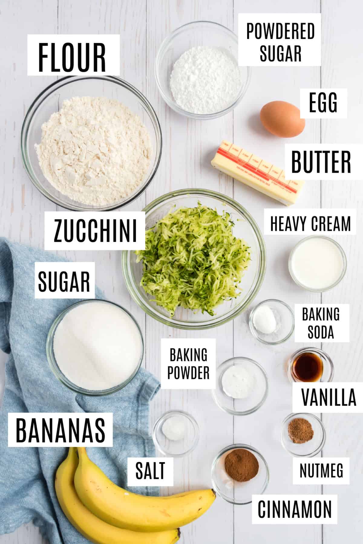 Ingredients needed to make zucchini banana bars.