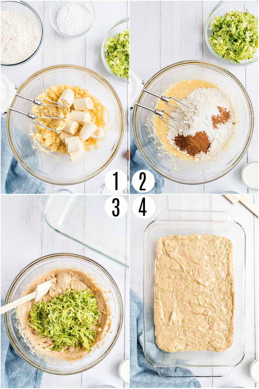 Step by step photos showing how to make zucchini banana bars.