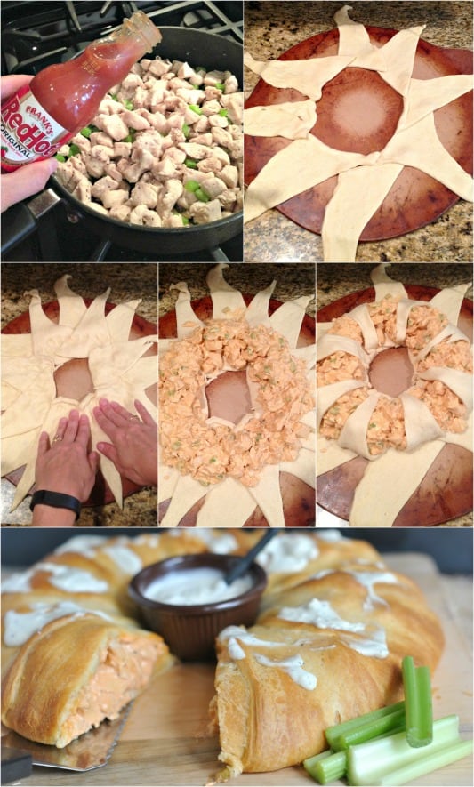 Step by step photos showing how to make buffalo chicken ring.