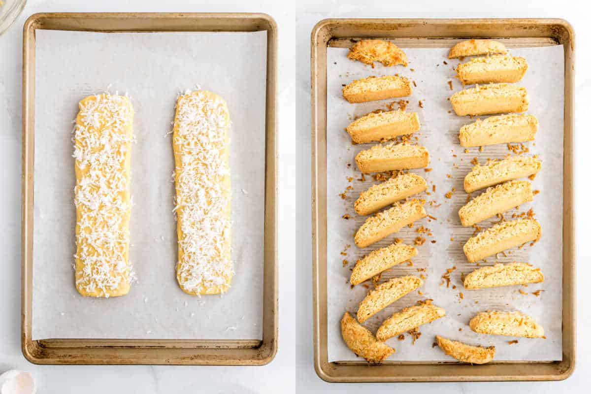 Two baking sheets: one with two unbaked coconut loaves, the other with freshly sliced, golden coconut biscotti.
