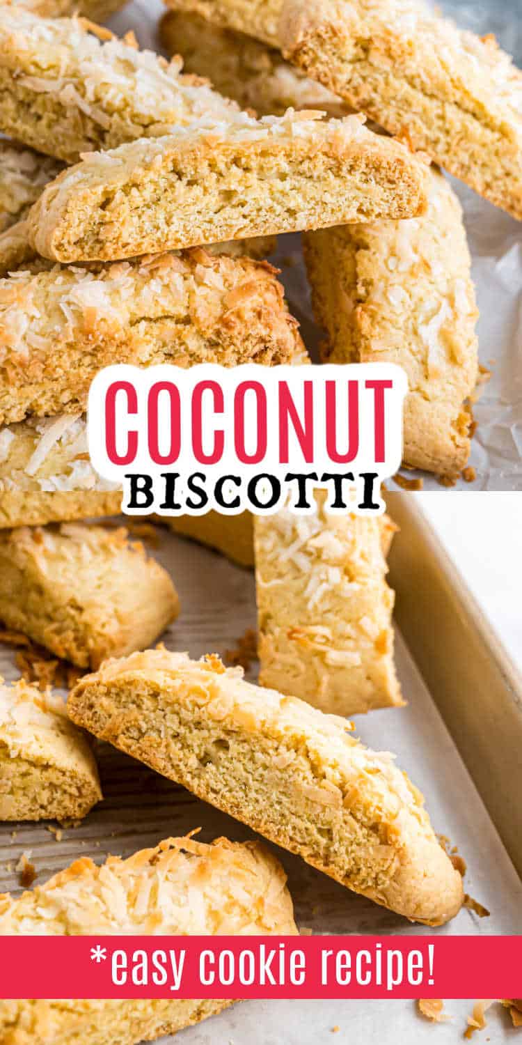 Golden coconut biscotti stacked on parchment paper, topped with shredded coconut; text reads coconut biscotti.