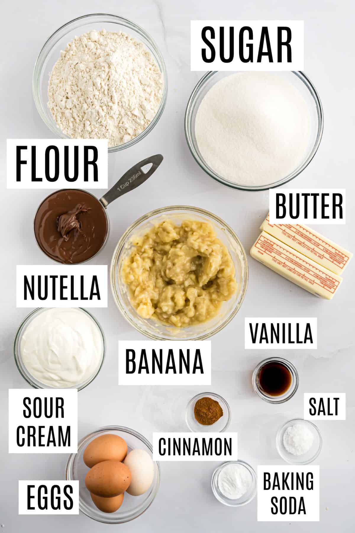 Ingredients needed to make nutella banana bread.