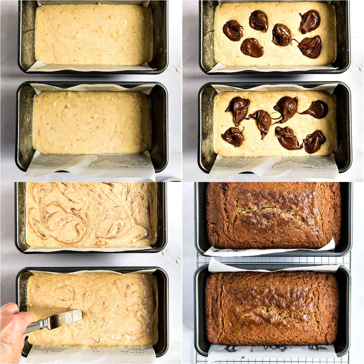 Step by step photos showing how to make nutella swirled banana bread.