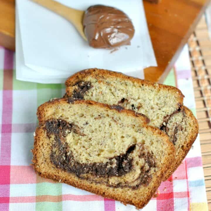 Nutella swirled banana bread slices.