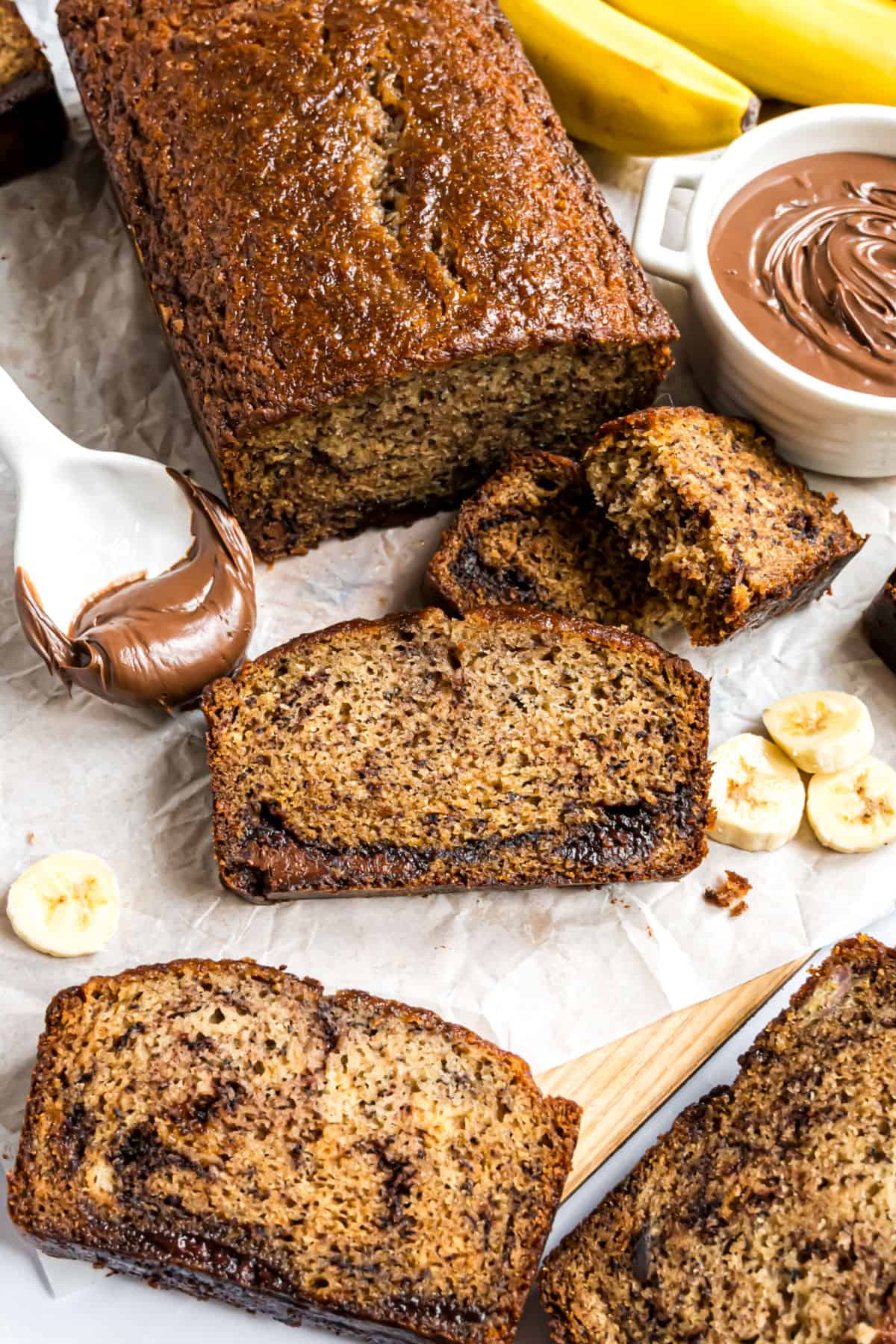 Swirled nutella in slices of banana bread.