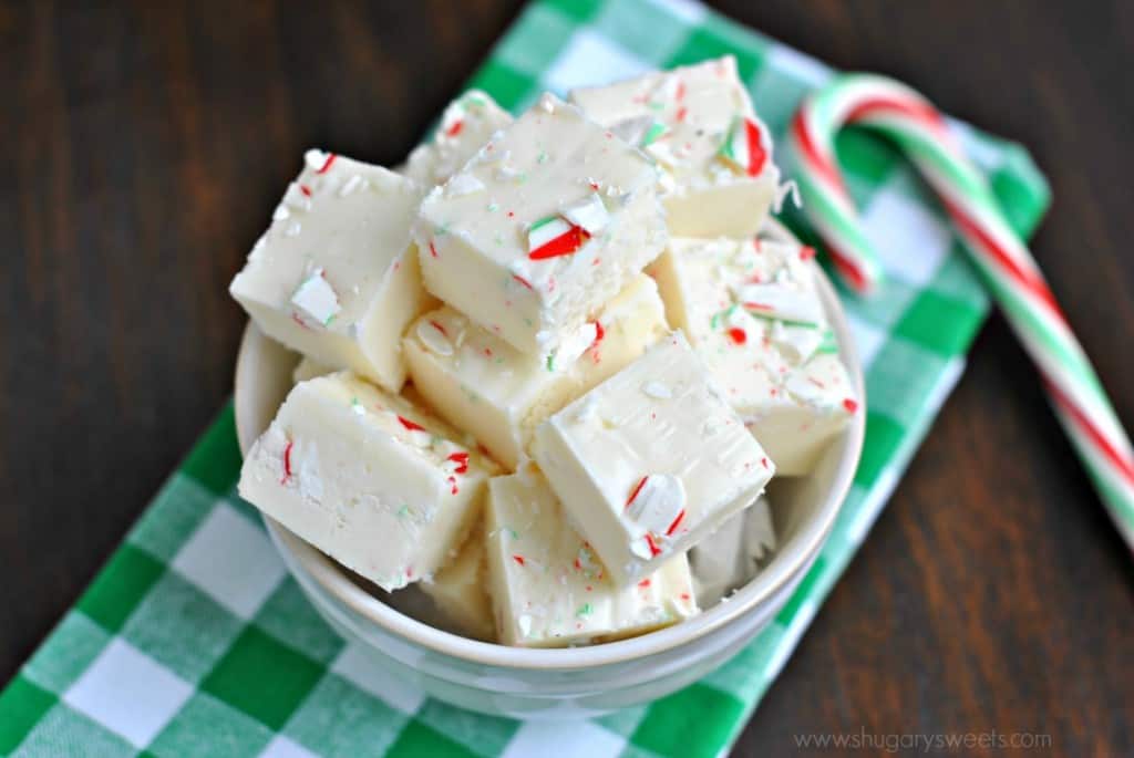 Candy Cane Fudge: a sweet fudge packed with crushed peppermint candy canes. Fun and festive for Christmas gift giving!