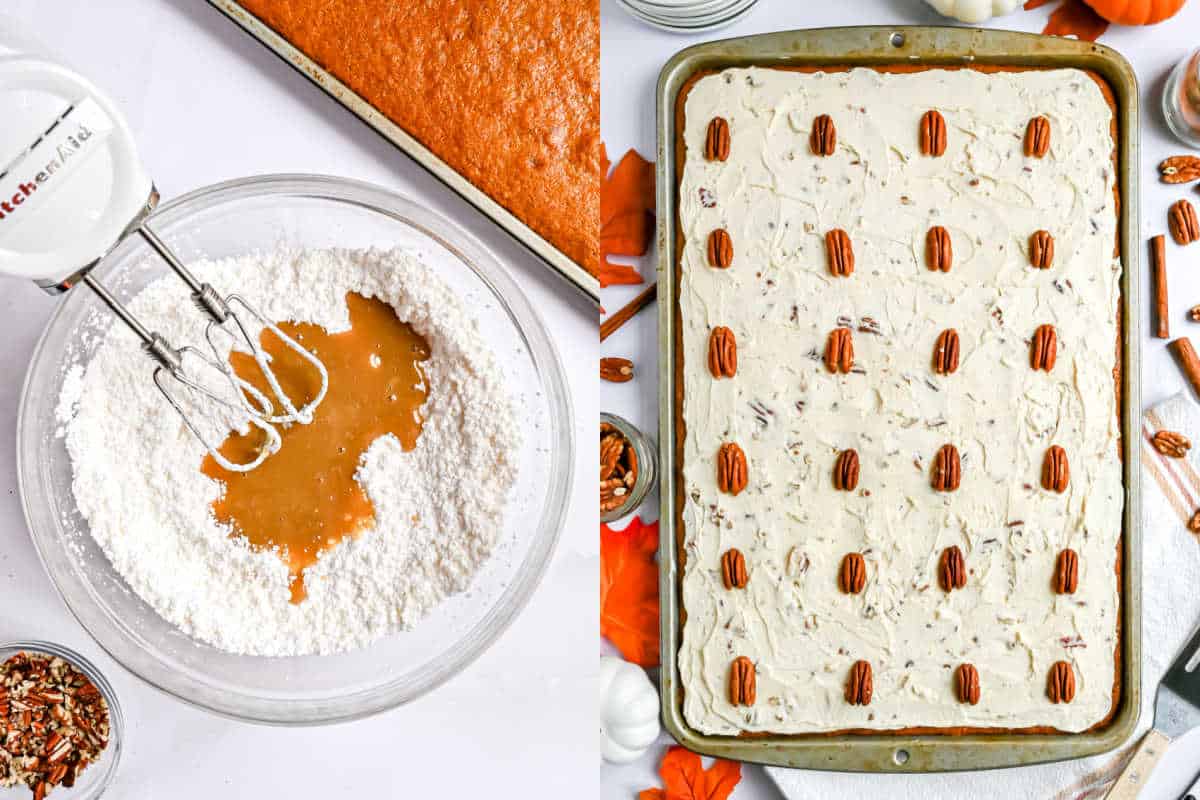 Step by step photos showing how to make frosting for pumpkin bars.