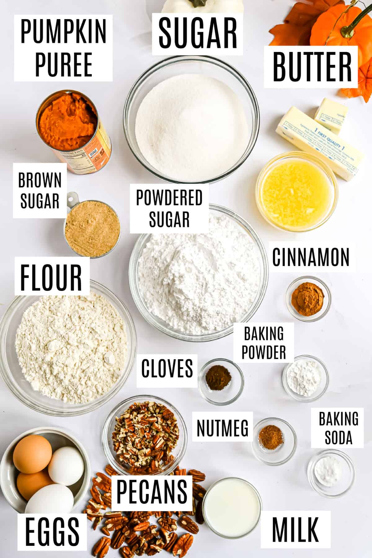 Ingredients to make pumpkin bars.