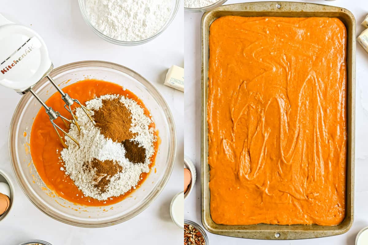 Step by step photos showing how to make pumpkin bars.
