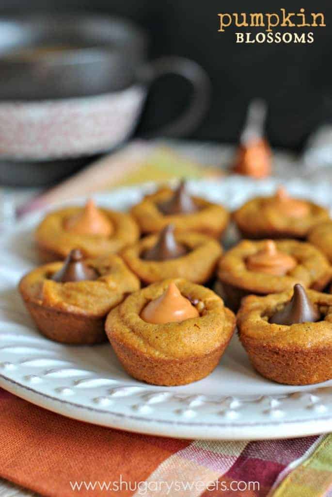 Pumpkin Blossoms: a fall treat based off your favorite pb blossom cookie. Add a hershey kiss in any flavor!