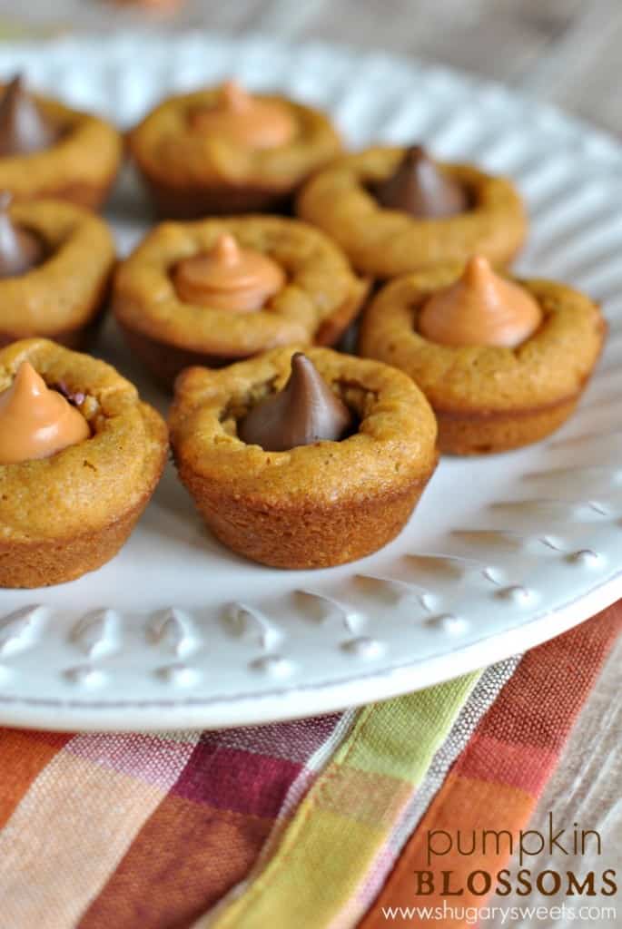 Pumpkin Blossoms: a fall treat based off your favorite pb blossom cookie. Add a hershey kiss in any flavor!