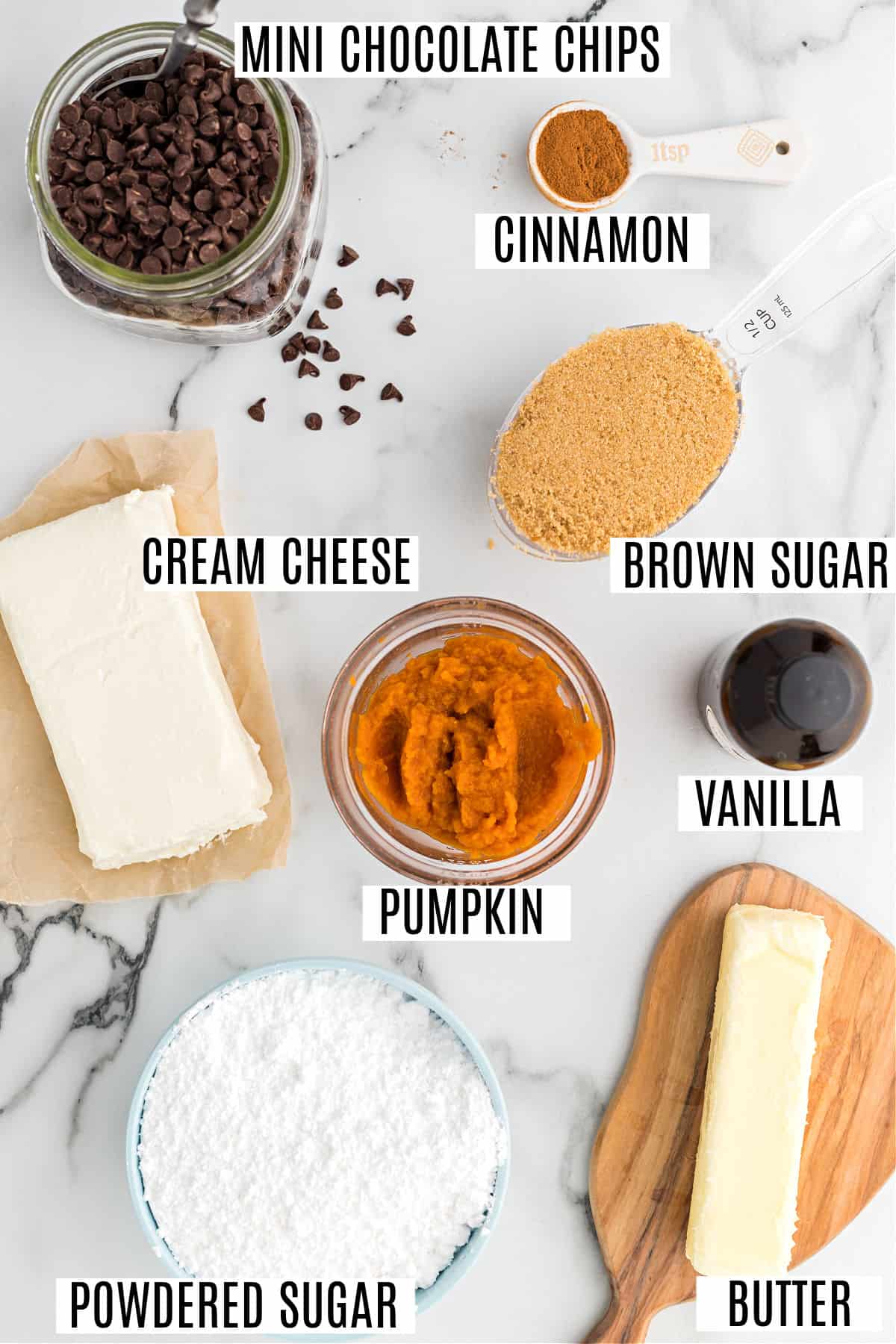 Ingredients needed for pumpkin chocolate chip cookie dough dip.