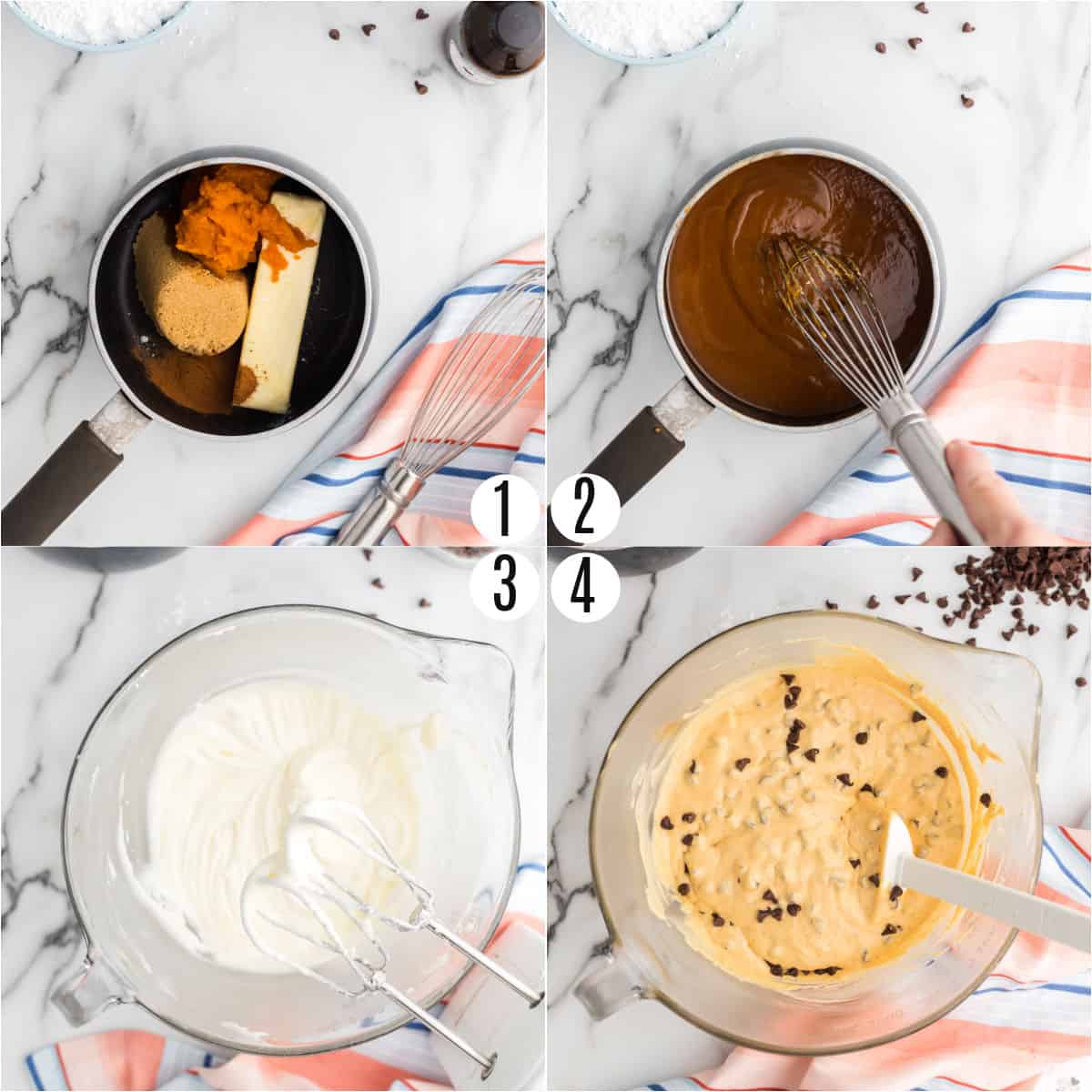 Step by step photos showing how to make pumpkin cookie dough dip.