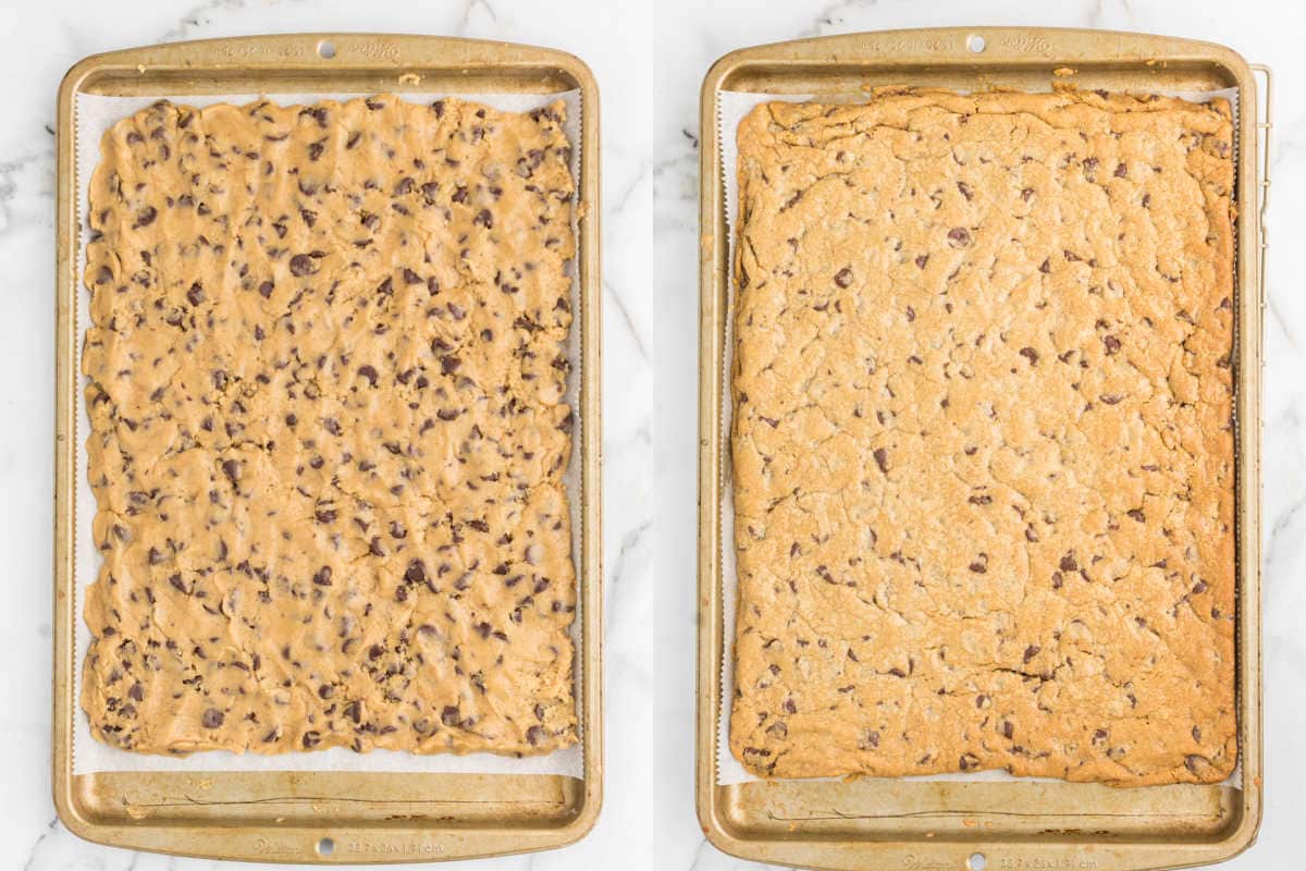 Side-by-side images of a baking sheet with unbaked and baked rainbow fudge cookie bars showcase the delicious transformation from dough to treat.