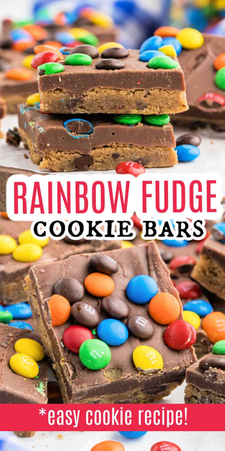 Close-up of rainbow fudge cookie bars topped with colorful, candy-coated chocolates—these irresistible treats are labeled Rainbow Fudge Cookie Bars.