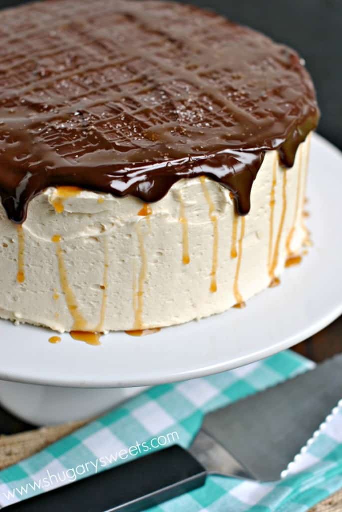 Salted Caramel Cheesecake Cake covered in chocolate ganache!