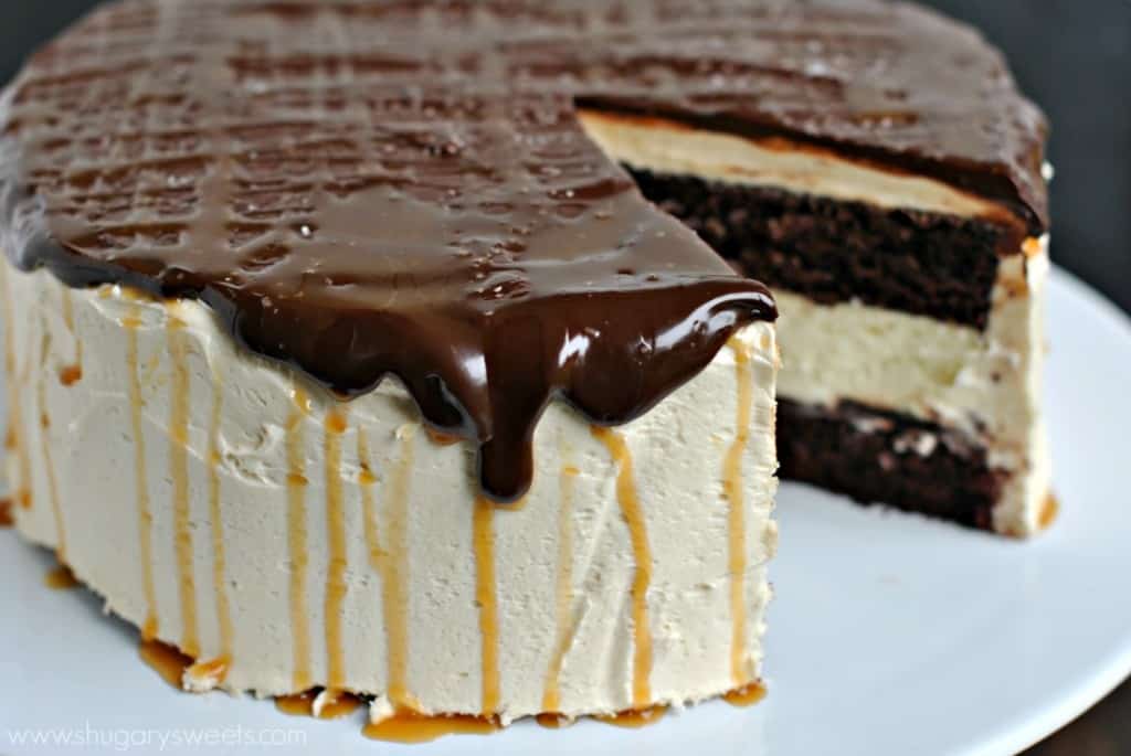 Salted Caramel Cheesecake Cake. Chocolate Ganache. Caramel Sauce.