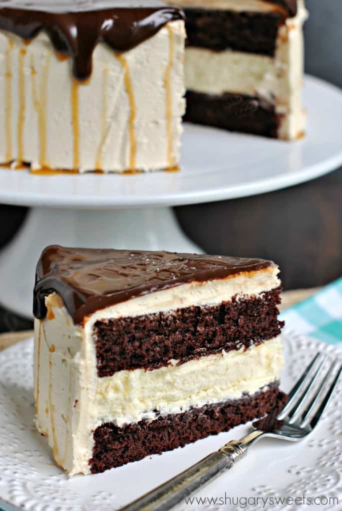 Chocolate Cake with cheesecake center and Salted Caramel frosting. Topped with Chocolate Ganache!