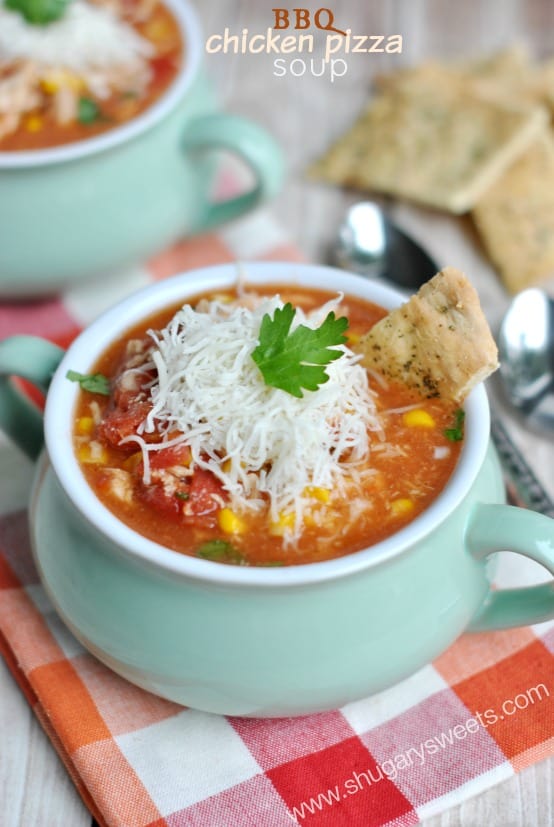 BBQ Chicken Pizza Soup recipe made in 30 minutes! Add some easy pizza crust dippers for a complete dinner!