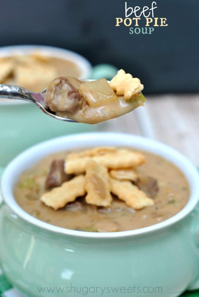 Beef Pot Pie Soup: comfort food in a bowl! Don't forget the pie crust strips on top!