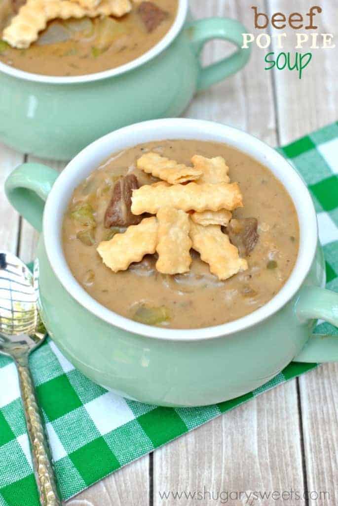 Beef Pot Pie Soup: comfort food in a bowl! Don't forget the pie crust strips on top!