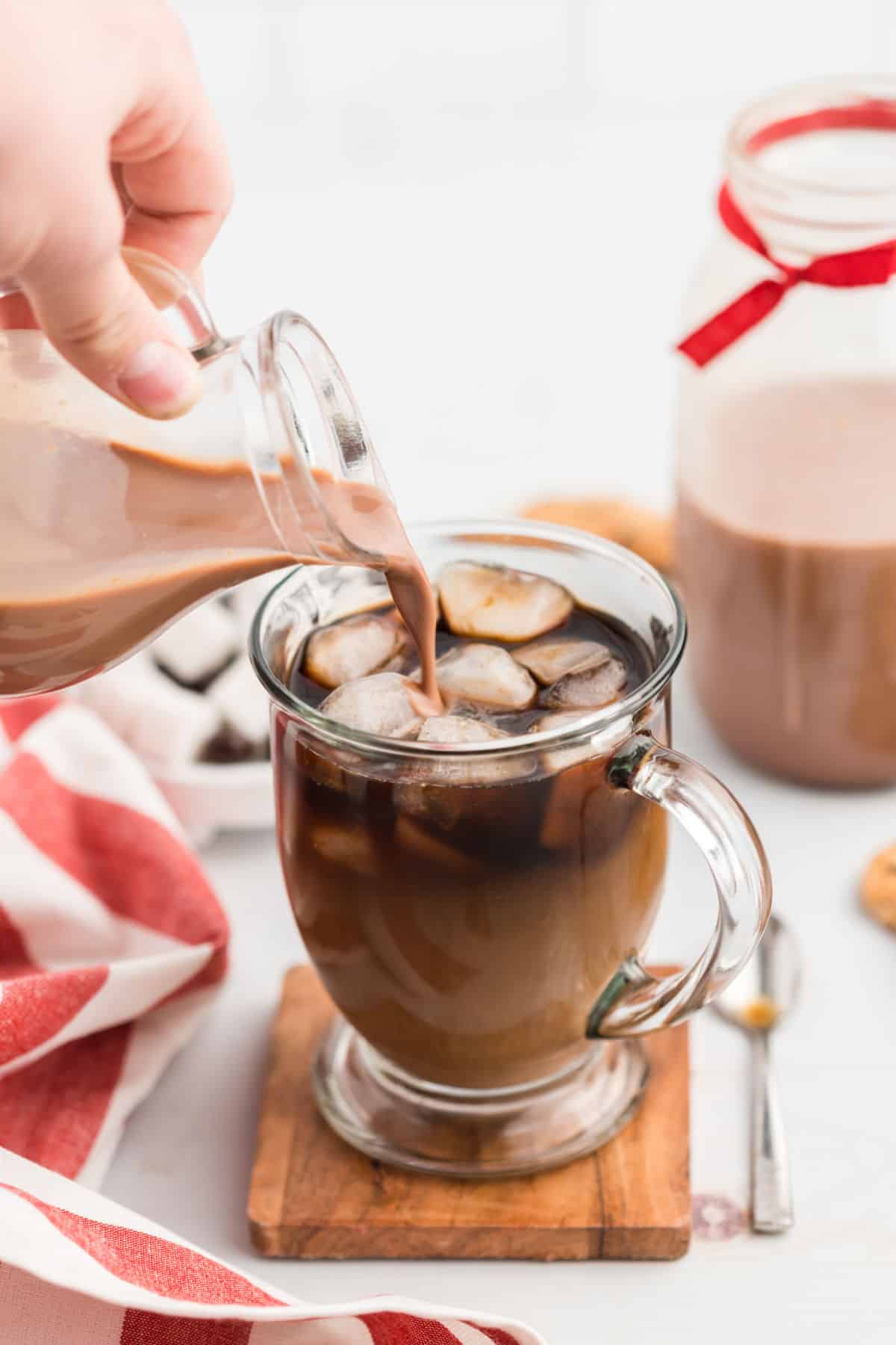 Chocolate chip coffee creamer served over iced coffee.