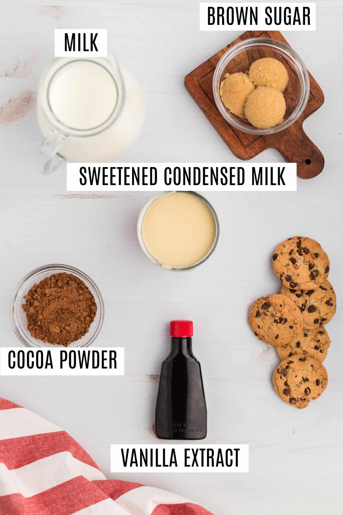 Ingredients needed for chocolate chip cookie coffee creamer.