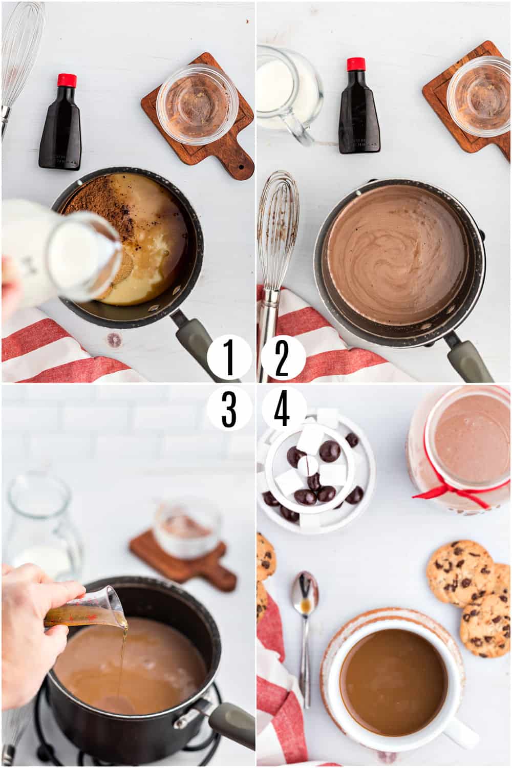 Step by step photos showing how to make chocolate chip coffee creamer.
