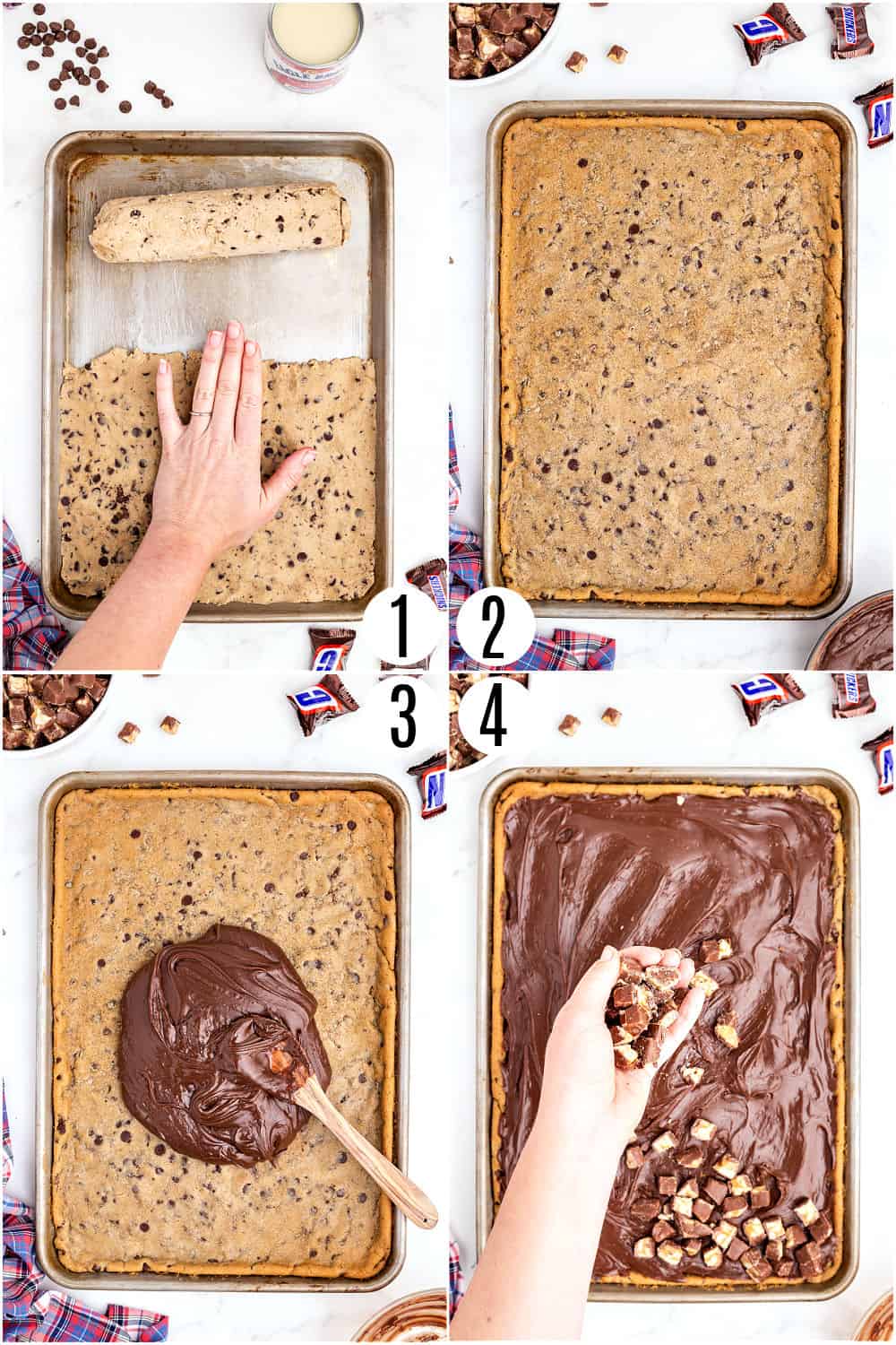 Step by step photos showing how to make chocolate chip snickers cookie bars.