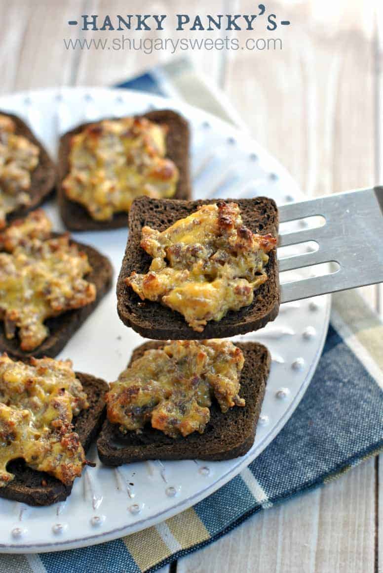 Hanky Panky Spicy pork sausage with creamy velveeta baked on a slice of pumpernickel!