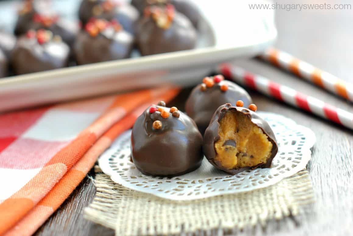 Pumpkin chocolate chip cookie dough in a chocolate truffle.