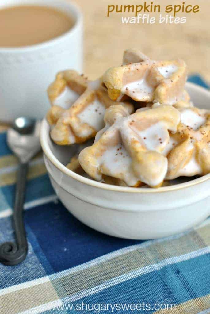 Mini pumpkin waffles in white bowl.