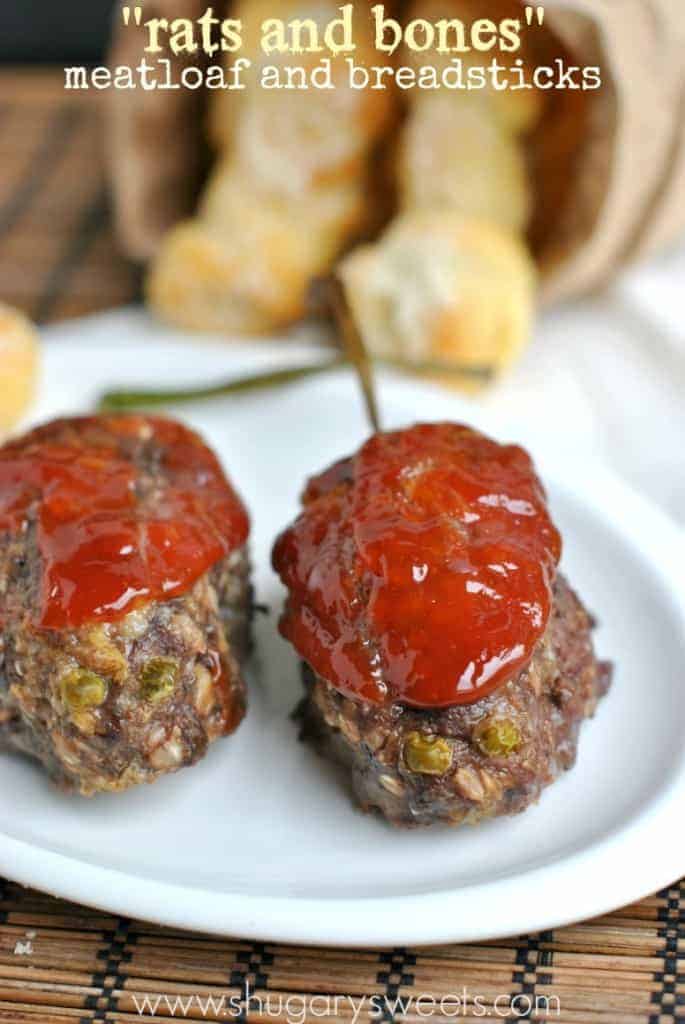 Mini meatloaves with bbq glaze shaped like rats for Halloween.