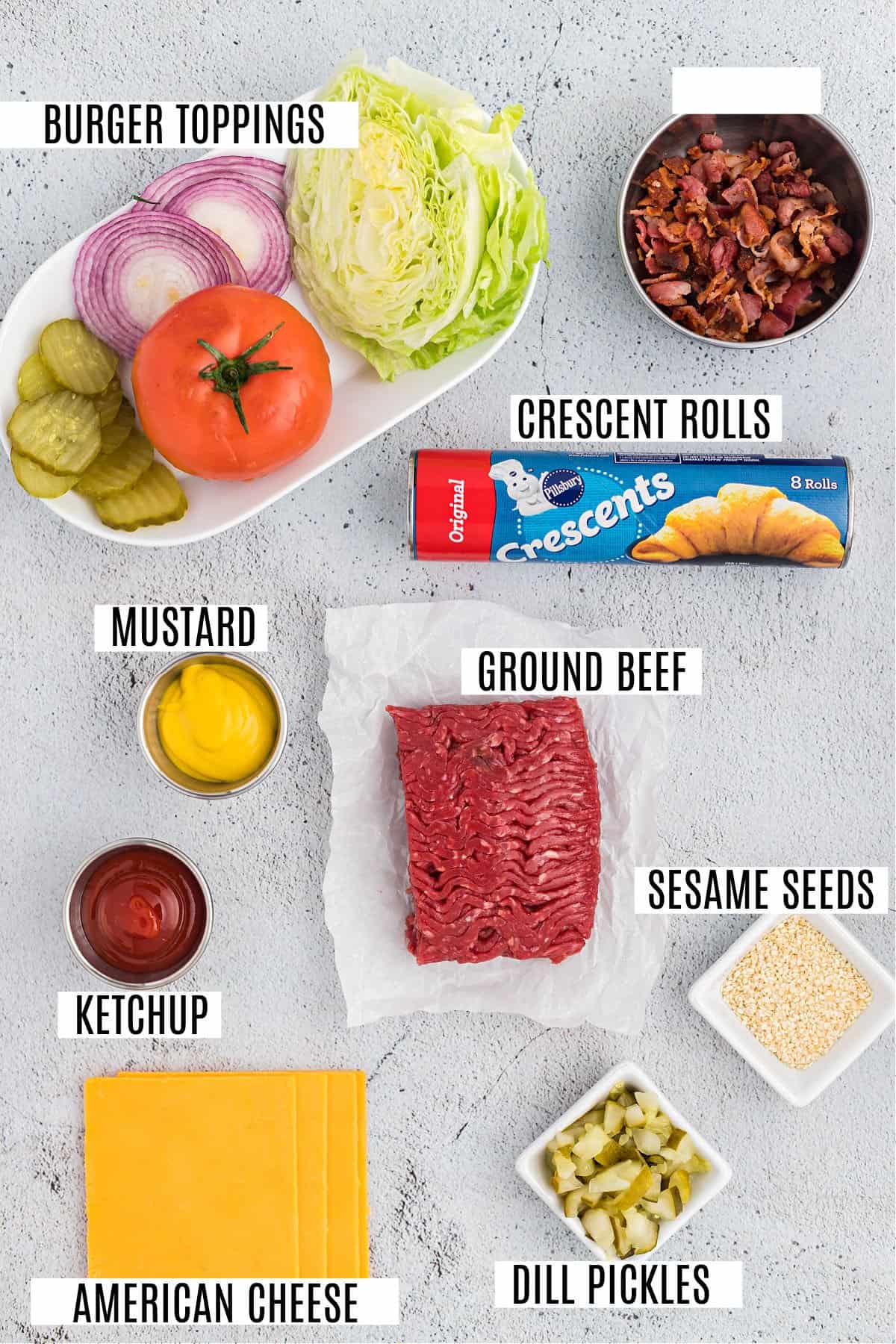 Ingredients needed to make bacon cheeseburger crescent roll ring.