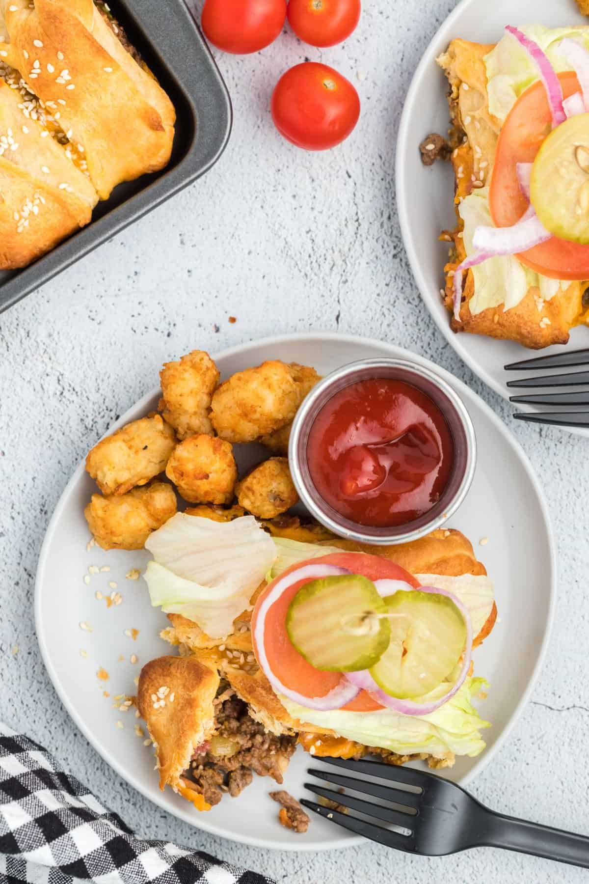 Cheeseburger braid sliced and served with all the toppings.