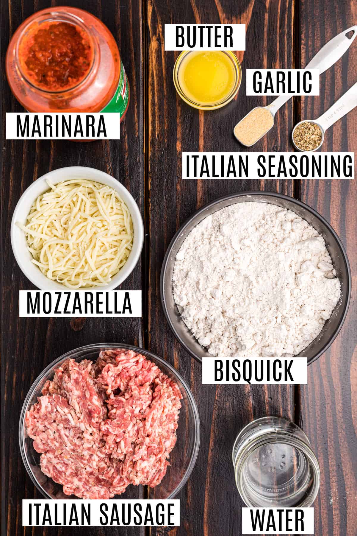 Ingredients needed to make bubble up pizza casserole with meat.